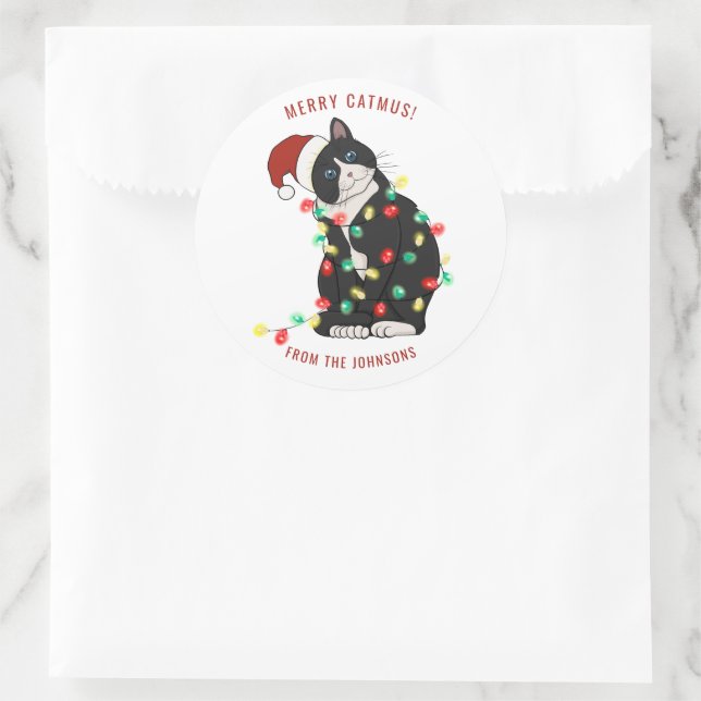 Cute Personalized Merry CatMus Funny Christmas  Classic Round Sticker (Bag)
