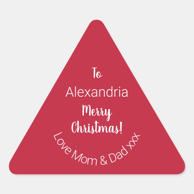 Cute Personalized Merry Christmas From Mom and Dad Triangle Sticker (Front)