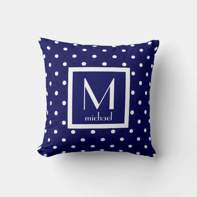 Cute Personalized Monogram, Navy Blue w Polka Dots Throw Pillow (Front)