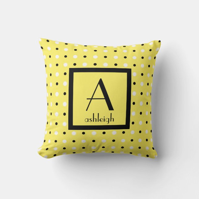 Cute Personalized Monogram, Yellow w Polka Dots Throw Pillow (Front)