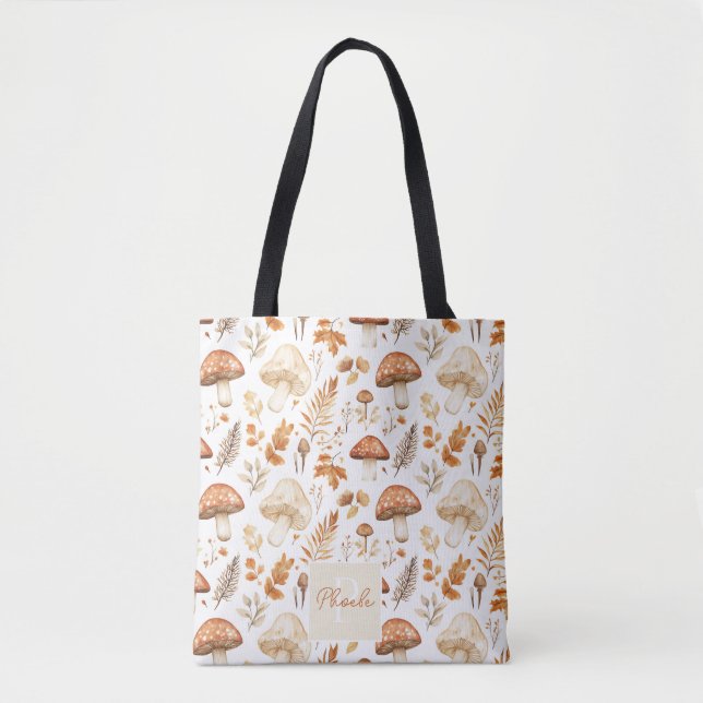 Cute Personalized Mushrooms and Leaves Fall Tote Bag (Front)
