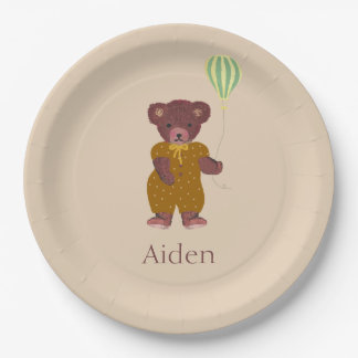 Cute Personalized Name Bear Beige Children's Paper Plate