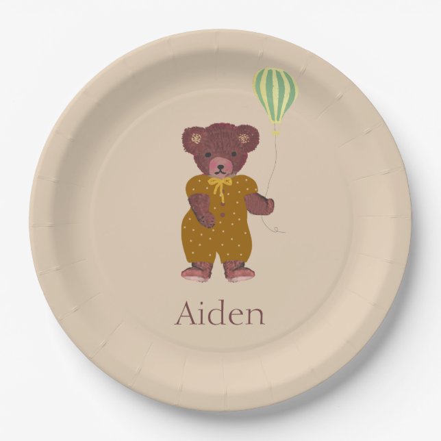 Cute Personalized Name Bear Beige Children's  Paper Plate (Front)