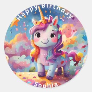 cute personalized name birthday colourful unicorn  classic round sticker