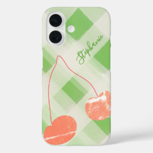 Cute Personalized Name Gingham Green Cream Cherry  iPhone 16 Case