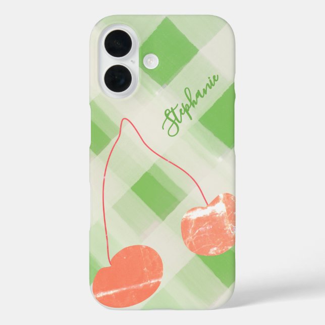 Cute Personalized Name Gingham Green Cream Cherry  Case-Mate iPhone Case (Back)