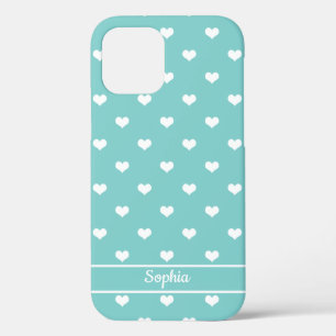 Cute personalized name hearts pattern turquoise iPhone 12 case