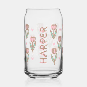 Cute Personalized Name & Pink Tulip Floral Pattern Can Glass
