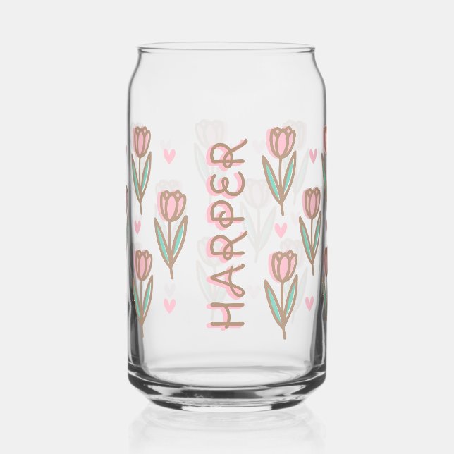Cute Personalized Name & Pink Tulip Floral Pattern Can Glass (Front)