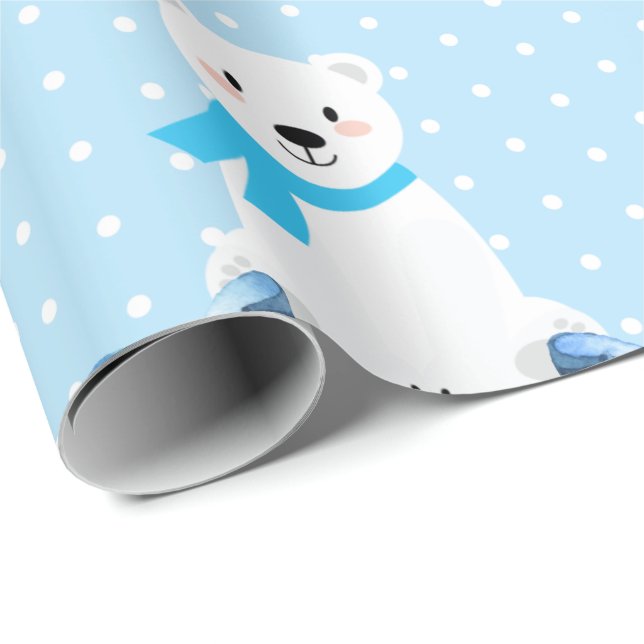 Cute Personalized Name Polar Bear Baby Boy Wrapping Paper (Roll Corner)