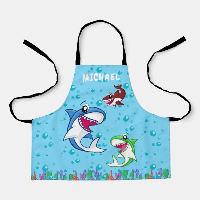 Cute Personalized Name Shark Ocean Sea Animals Kid Apron (Front)