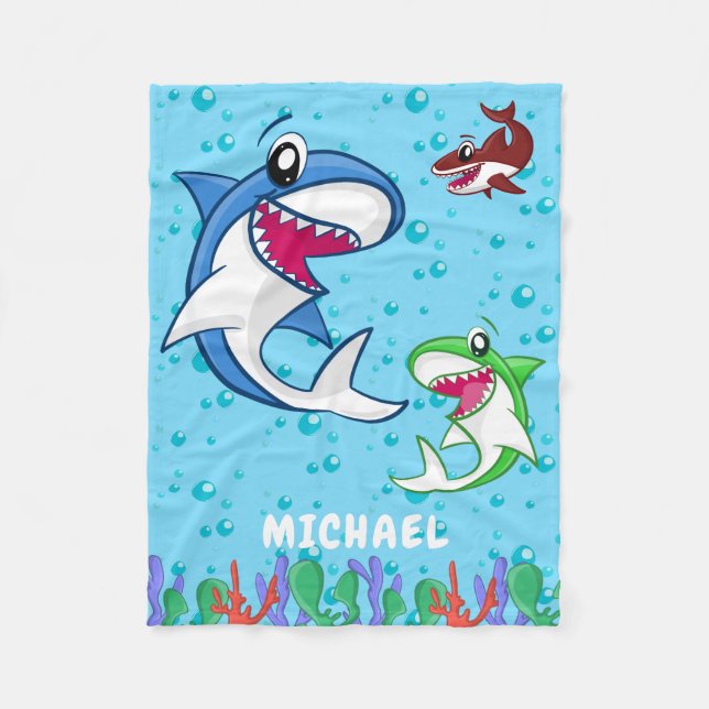 Cute Personalized Name Shark Ocean Sea Life Kids Fleece Blanket (Front)
