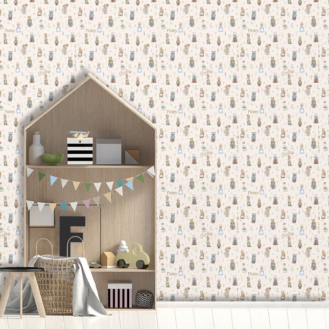 Cute Personalized Name Woodland Animals Boy Girl Wallpaper (Cute Vintage Forest Woodland Animals illustration, Peter Rabbit custom name neutral color wallpaper)