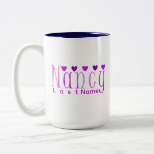 Cute Personalized "Nancy" Name and Hearts in Pink Two-Tone Coffee Mug