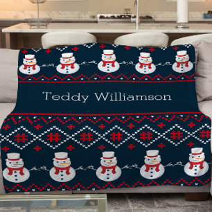 Cute personalized nordic snowman patterned  fleece blanket