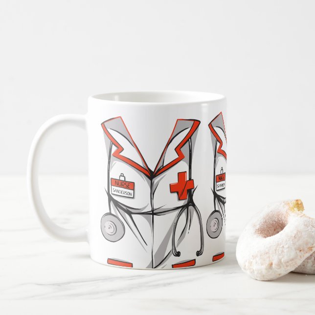 Cute Personalized Nurse Scrubs Outfit Name Coffee Mug (With Donut)