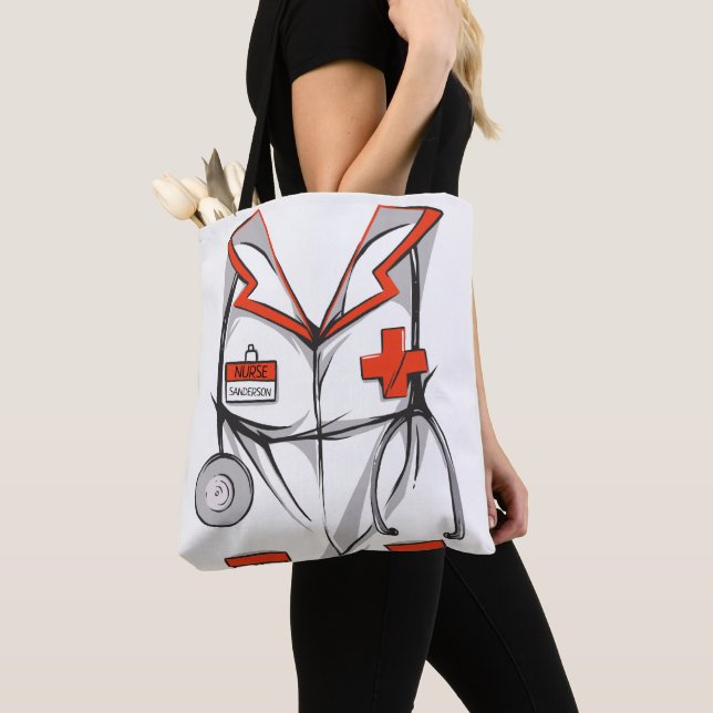 Cute Personalized Nurse Scrubs Outfit Name Tote Bag (Close Up)