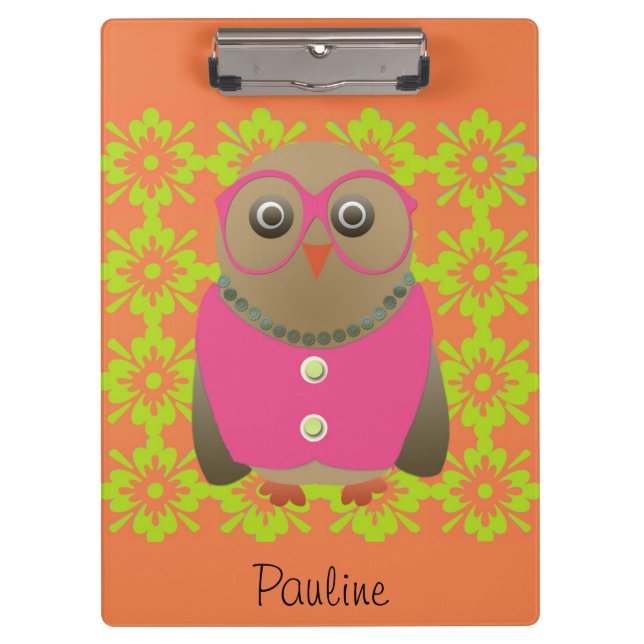Cute Personalized Orange Old Lady Owl Clipboard (Front)