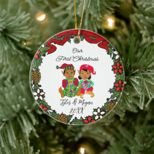 Cute Personalized Our First Christmas Elves Ceramic Ornament