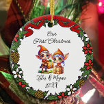 Cute Personalized Our First Christmas Elves Ceramic Ornament<br><div class="desc">Add your names and the year to this cute personalized,  "Our First Christmas" Christmas ornament with a cute little elf couple.</div>
