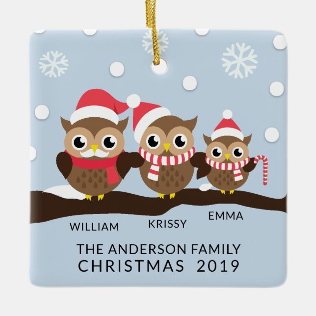 CUTE Personalized Owl Family Of 3 Christmas Ceramic Ornament (Front)