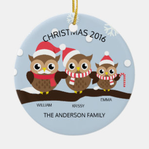 CUTE Personalized Owl Family Of 3 Christmas Ceramic Ornament