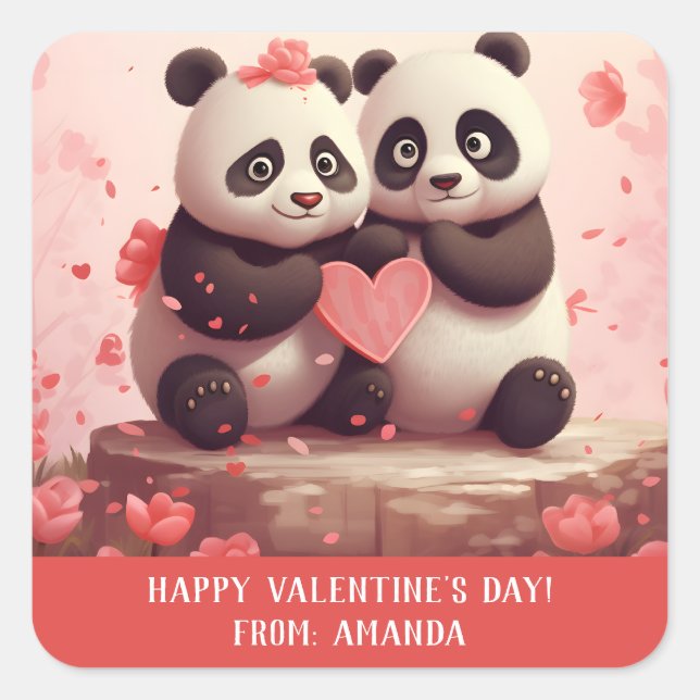 Cute Personalized Panda Valentine Square Sticker (Front)