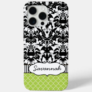 Cute Personalized Peapod Lime Stripe and Damask iPhone 15 Pro Max Case