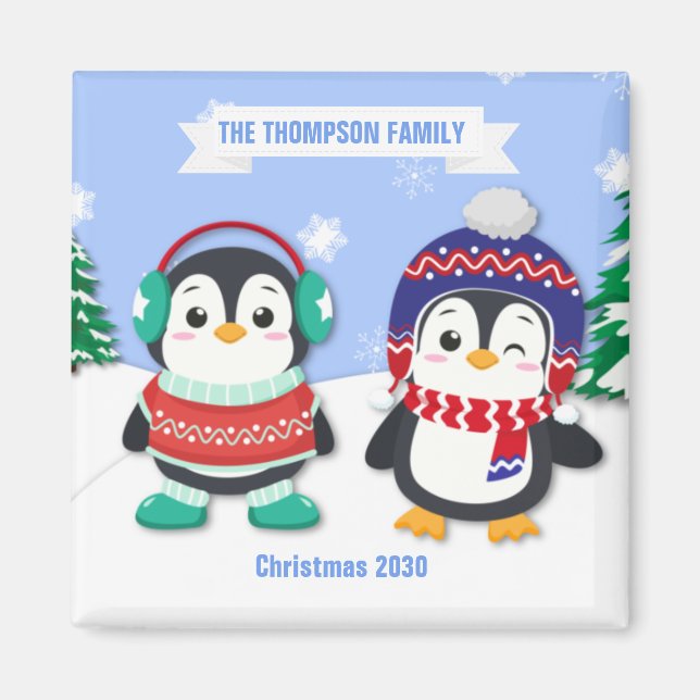 Cute Personalized Penguin Christmas Magnet (Front)