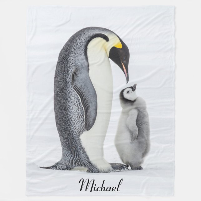Cute Personalized Petting Penguin and Chick Fleece Blanket (Front)