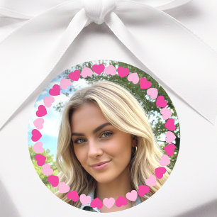 Cute Personalized Photo Love Heart Pink Classic Round Sticker