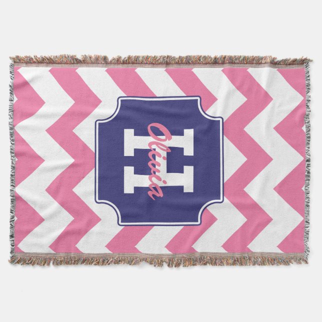 Cute Personalized Pink and Blue Chevron Print Throw Blanket (Front)