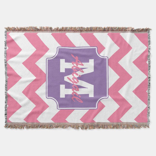 Cute Personalized Pink and Purple Chevron Print Throw Blanket (Front)