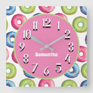 Cute Personalized Pink Blue Green Doughnuts Square Wall Clock