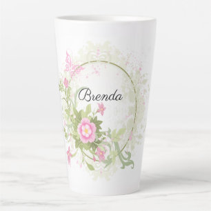 Cute Personalized Pink Floral Wreath Latte Mug