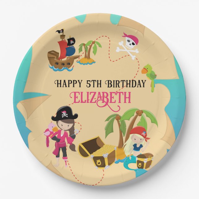 Cute Personalized Pink Girl Pirate Birthday Party Paper Plate (Front)
