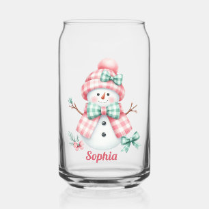 Cute Personalized Pink Snowman Can Glass