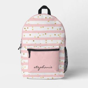 Cute Personalized Pink Stripe and Gold Confetti Printed Backpack