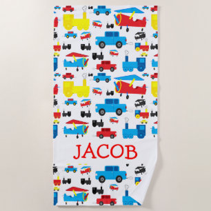 Cute Personalized Planes, Trains and Cars Pattern Beach Towel