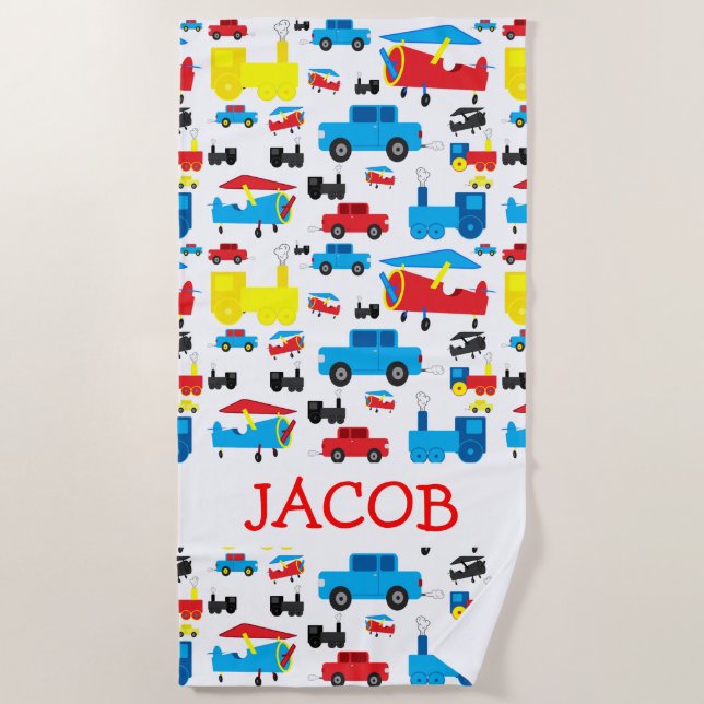 Cute Personalized Planes, Trains and Cars Pattern Beach Towel (Front)