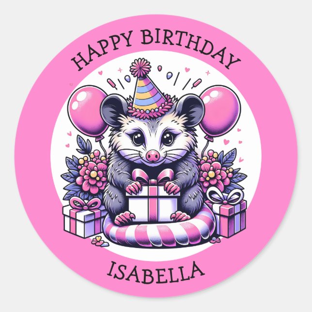 Cute Personalized Possum Girl's Birthday Party   Classic Round Sticker (Front)