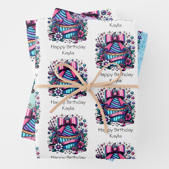 Cute Personalized Purple and Blue Cupcake Birthday Wrapping Paper Sheet (In situ)