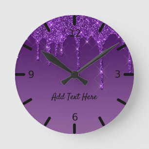 Cute Personalized Purple Dripping Glitter Round Clock