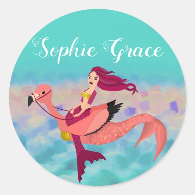 Cute Personalized Purple Mermaid & Pink Mermingo Classic Round Sticker (Front)