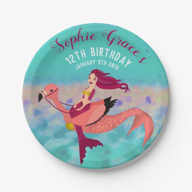 Cute Personalized Purple Mermaid & Pink Mermingo Paper Plate (Front)