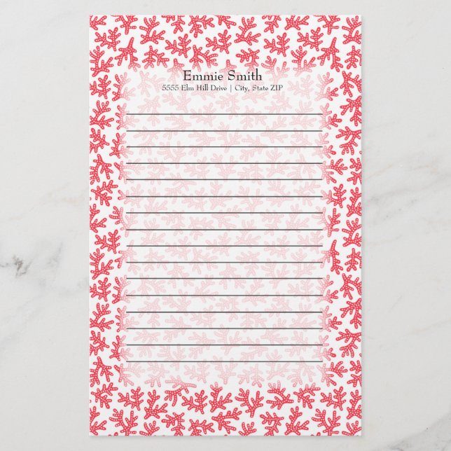 Cute Personalized Red and White Coral Ocean Theme Stationery (Front)