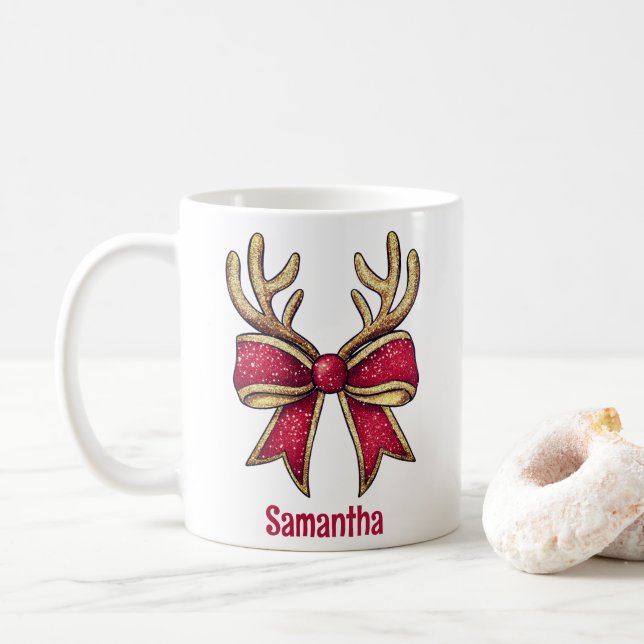 Cute Personalized Reindeer Bow Christmas  Coffee Mug (With Donut)