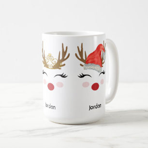Cute Personalized Reindeer Face Santa Hat, Tiara Coffee Mug