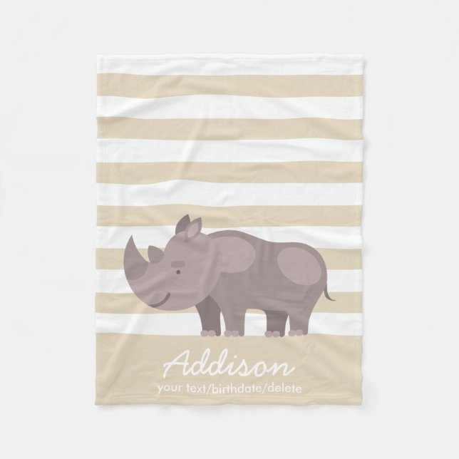 Cute Personalized Rhinoceros Jungle Tan Stripe Fleece Blanket (Front)