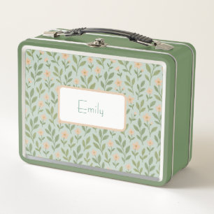 Cute Personalized Sage Green Floral Metal Lunch Box
